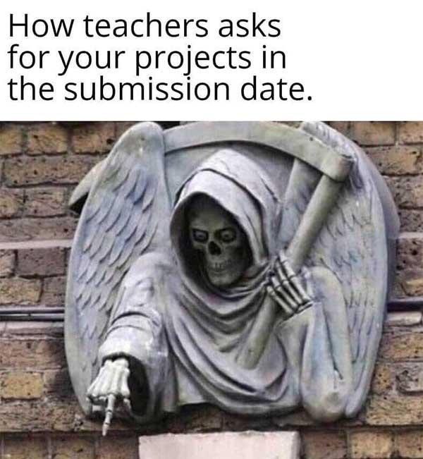 skeleton meme how teachers asks for your project...