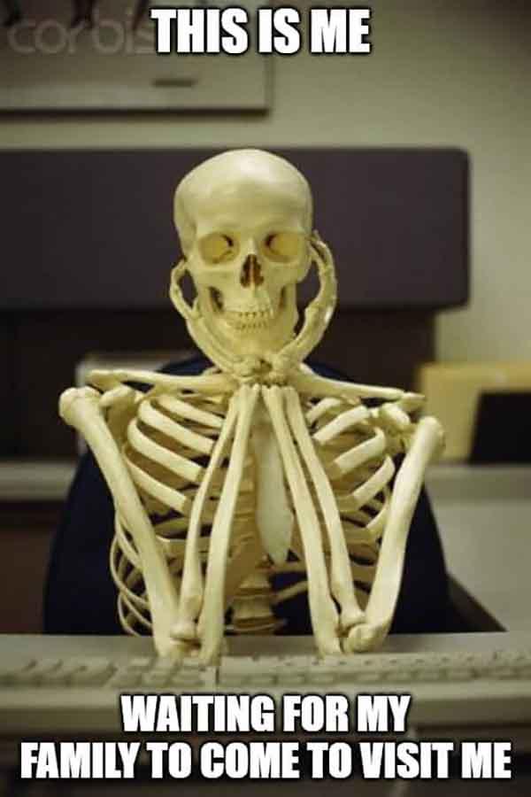 skeleton waiting meme waiting for my family to come to visit me